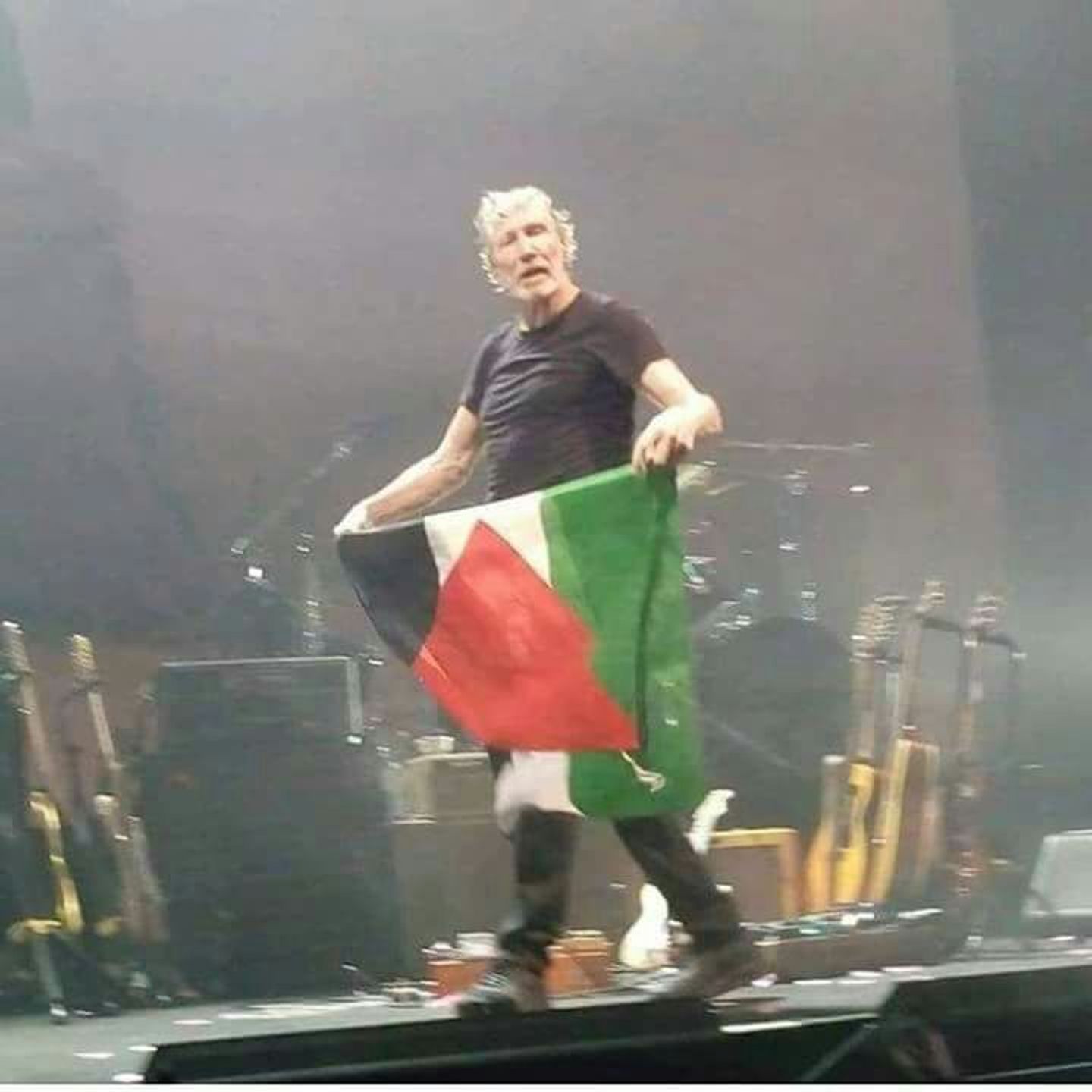 Pink Floyd co-founder Roger Waters carries the Palestinian flag onstage during a concert.