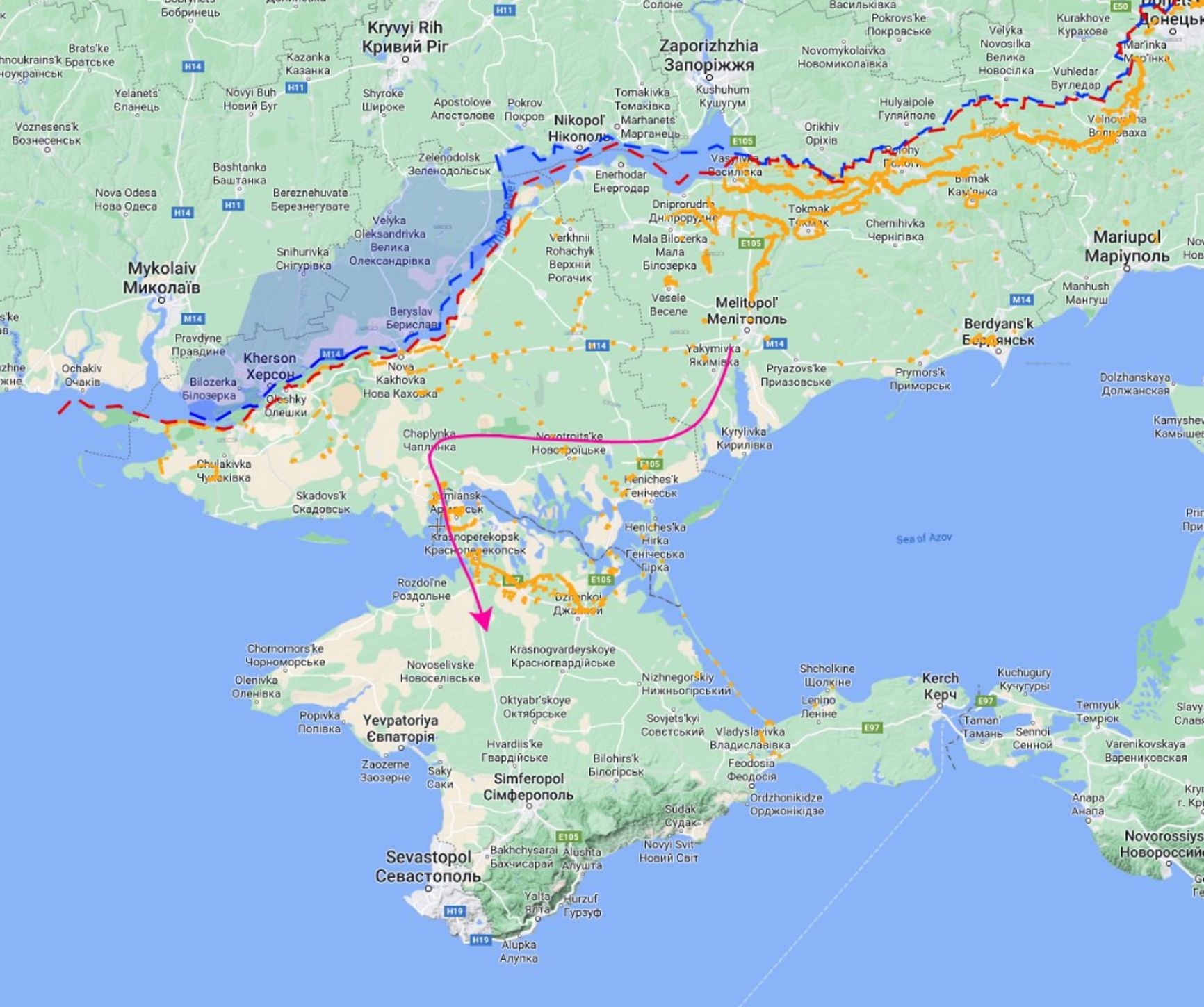 Roads linking Crimea and mainland Ukraine according to Def Mon