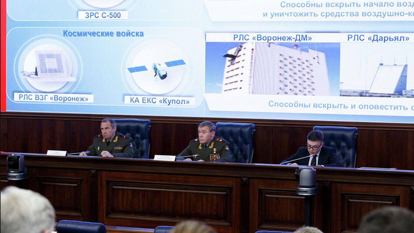 Chief of the General Staff of the Russian Armed Forces Valery Gerasimov against the backdrop of a Kupol EKS presentation, Dec. 18, 2019